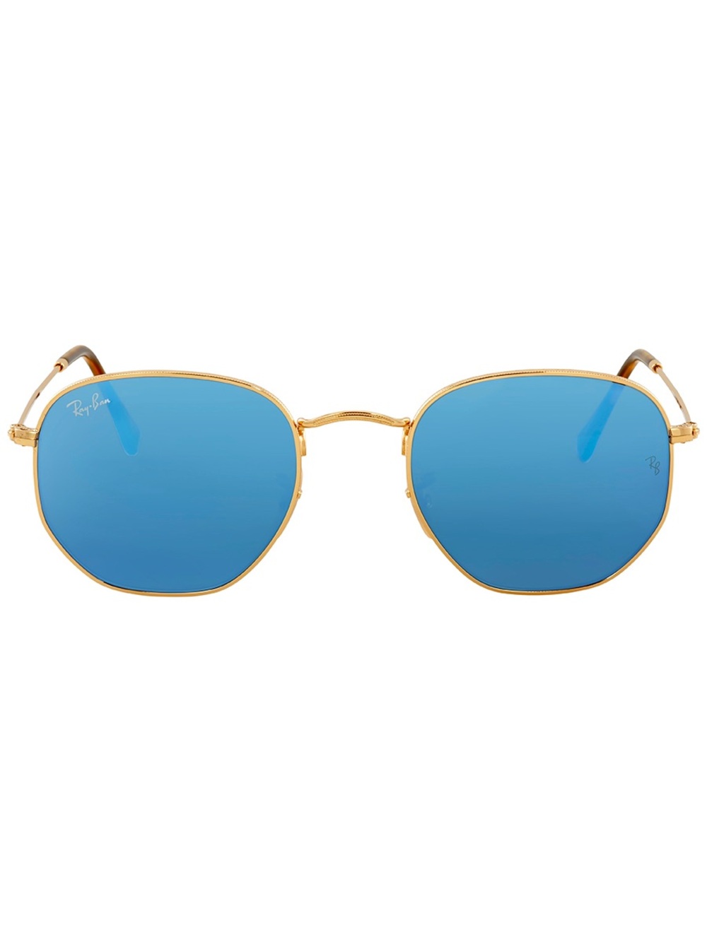 Ray-Ban Gold Frame Sunglasses with Blue Lenses and Black Tips